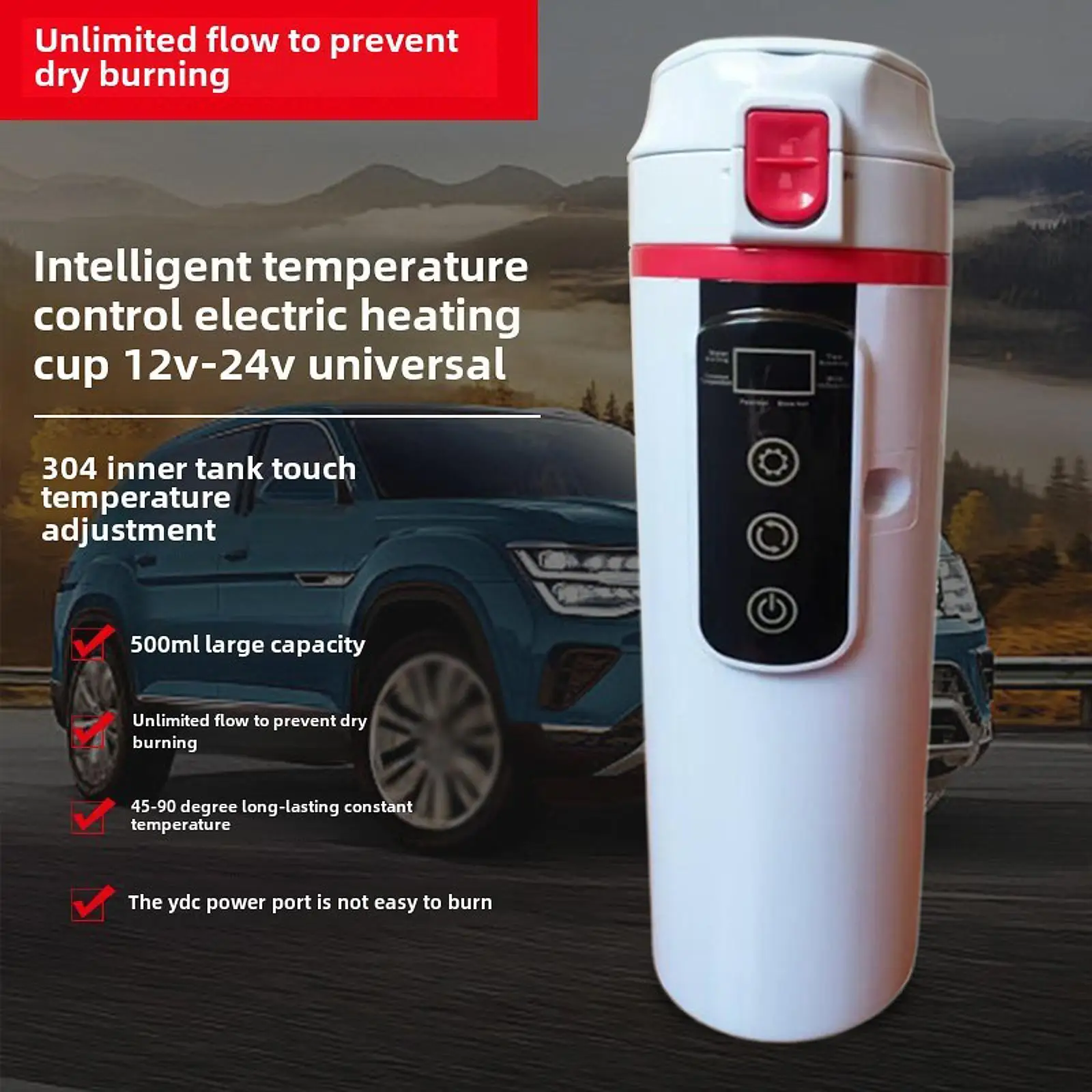 12V 24V Car Kettle Boiler Insulated Cup Smart Heating Car Cup for Brewing Coffee Heating Water Milk Heated Beverage Outdoor