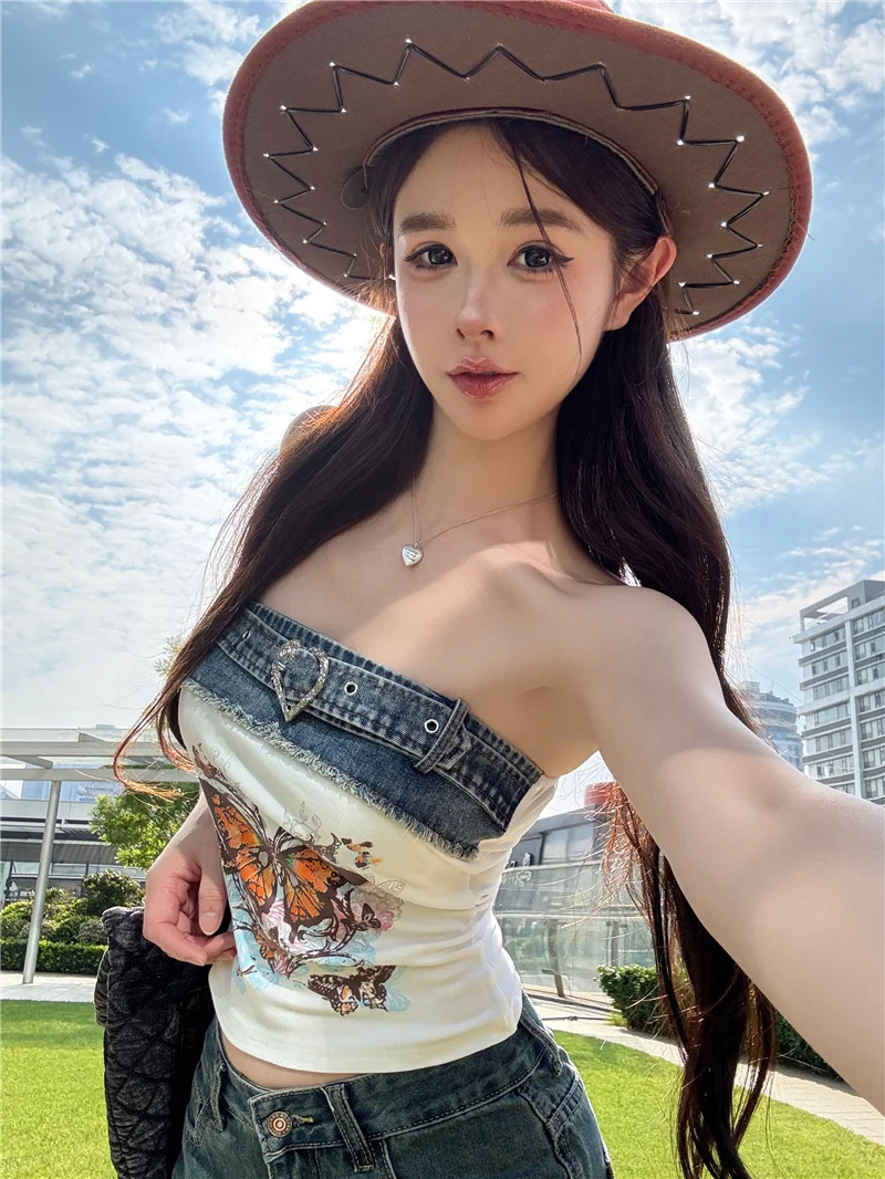 Unique Thai Sle Denim Patchwork sangle gilet femmes été belle américaine Y2K épicé fille une épaule bustier tubulaire petit irt