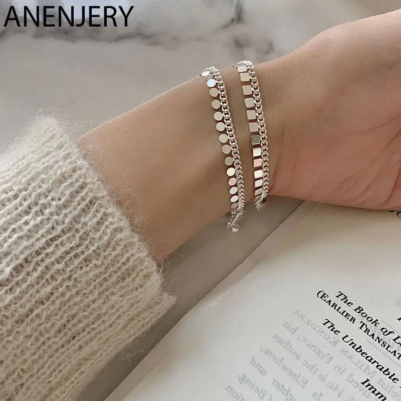 Anenjery Silber Farbe Doppels chicht quadratische Scheibe Quaste Armband für Frauen süßes Temperament handgemachten Schmuck