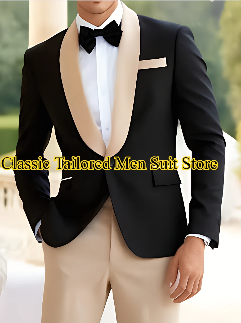 

Black And Beige Men Suit Groom Groomsman Wedding Party Prom Formal Occasion Business Tuxedos 2 Piece Set Blazer Pants