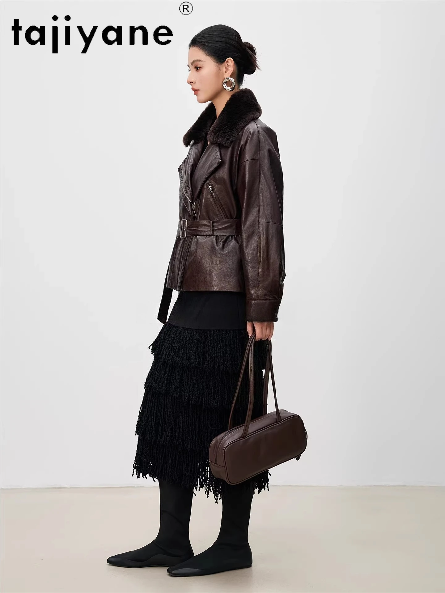 TAJIYANE Cappotto in piuma d'oca di pelle di pecora Donna Colletto in lana Piumini Giacca corta in vera pelle con cintura 2025 Abiti invernali шу sì