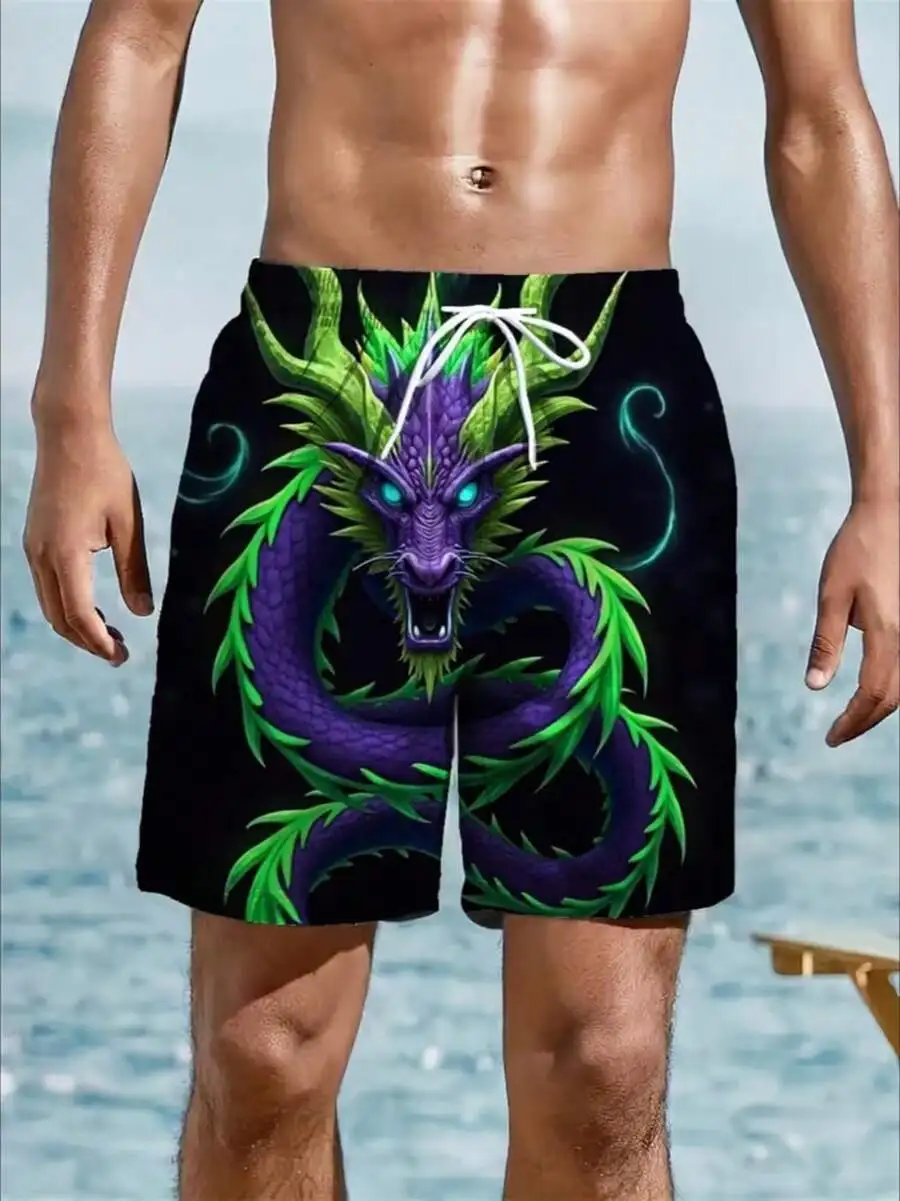 

Mens Fast-Drying Swim Trunks With Purple Green Dragon Print Adjustable Waist