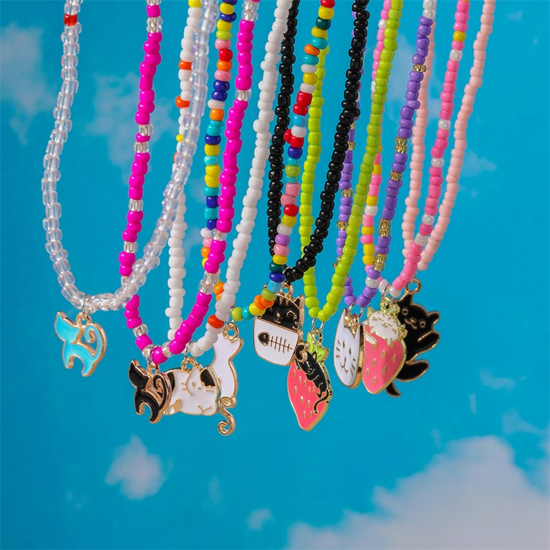 

5Pcs/Set Random Fashion Handmade Beads Necklaces for Women Cartoon Animal Cat Necklaces Girls Party Festival Jewelry Gifts