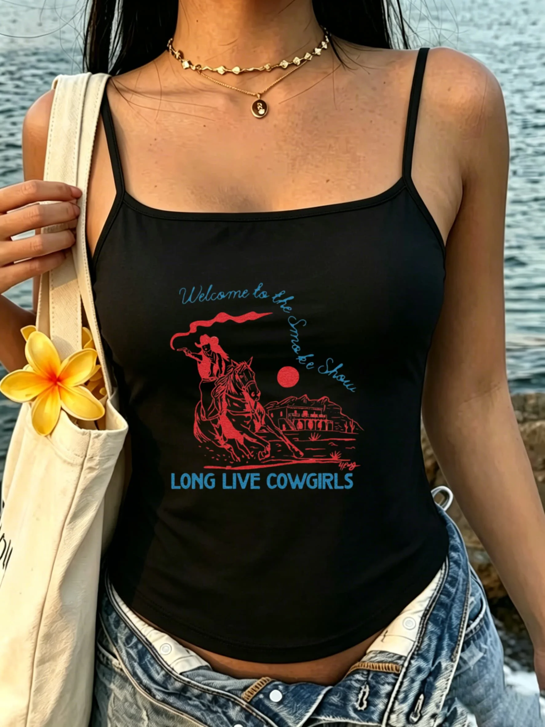 Red Blue Graphic Camisole Women Long Live Cowgirls Quote Tank Tops Summer Beach Vacation Boho Aesthetic Undergarment Clothe