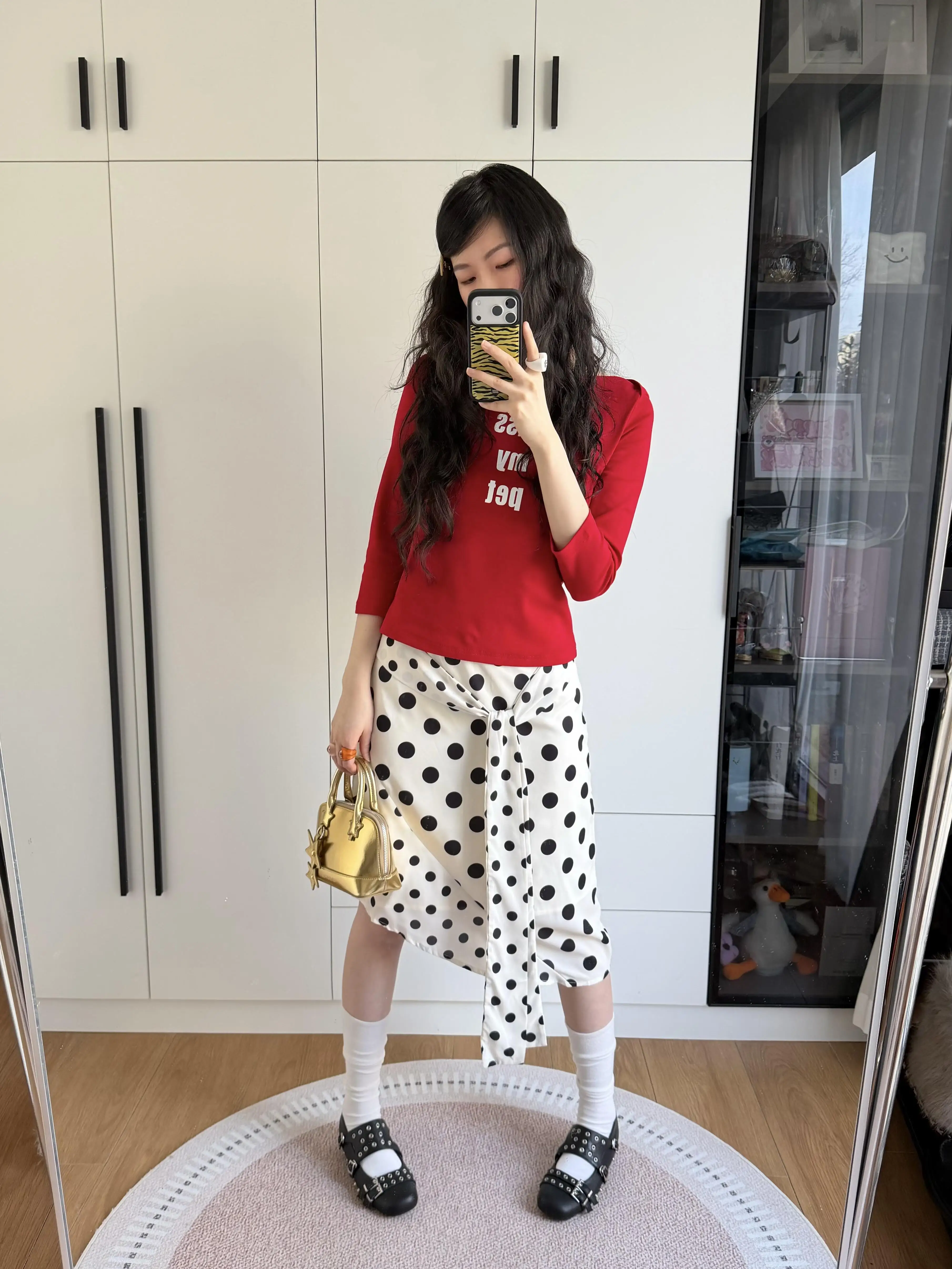 American Retro Splicing Elastic Waist Head Versatile Slant Cut White Polka Dot Half Skirt Women Spring Summer Irregular mid L...