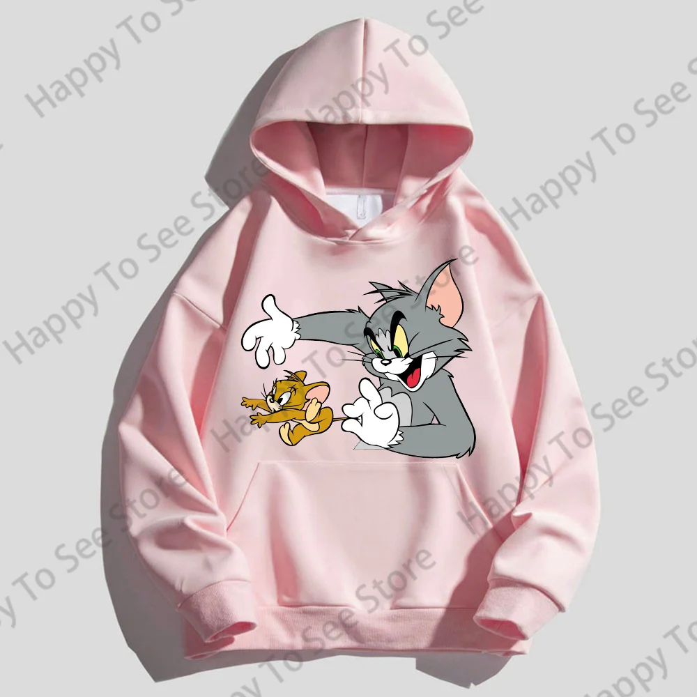 Tom And Jerry Women\'s Clothing Cotton Hoodies Spring Autumn Cute Loose Lazy Style Cartoon Fun Style Pullover Unisex Hooded Tops