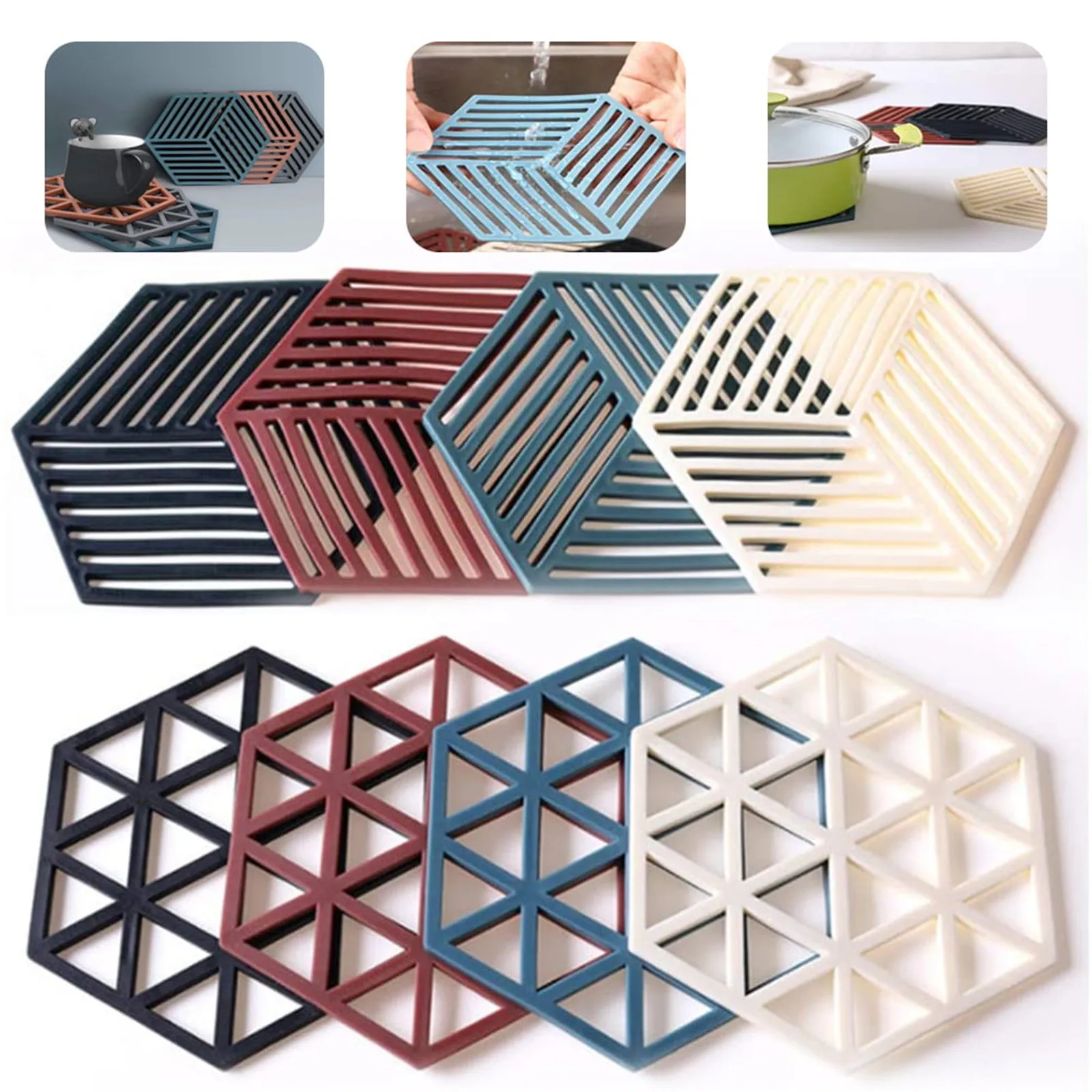 8 Pcs Silicone Trivet Mats And Hot Pads Hexagon Heat Resistant Multifuntion Kitchen Tool Counter Mat Silicone Placemat Pot