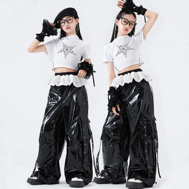 

Kids Hip Hop Dance Costume Girls White Navel Tops Black Leather Pants Modern Kpop Jazz Performance Clothes Stage Outfit BL15999