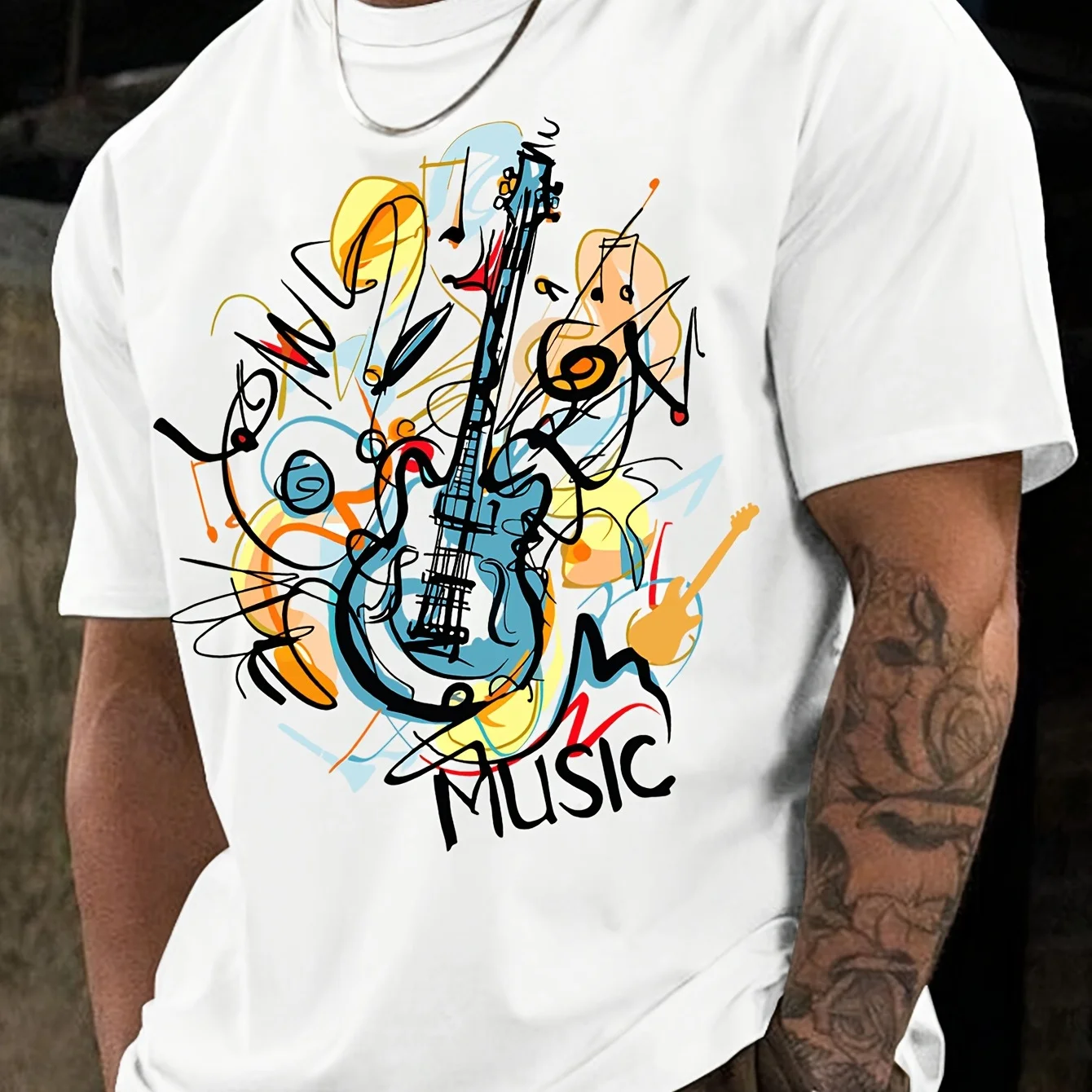 Comfy Stretchy Trendy Tees For Summer, Casual Daily Style Fashion Clothing Guitar Graphic Men's Short Sleeve T-shirt,