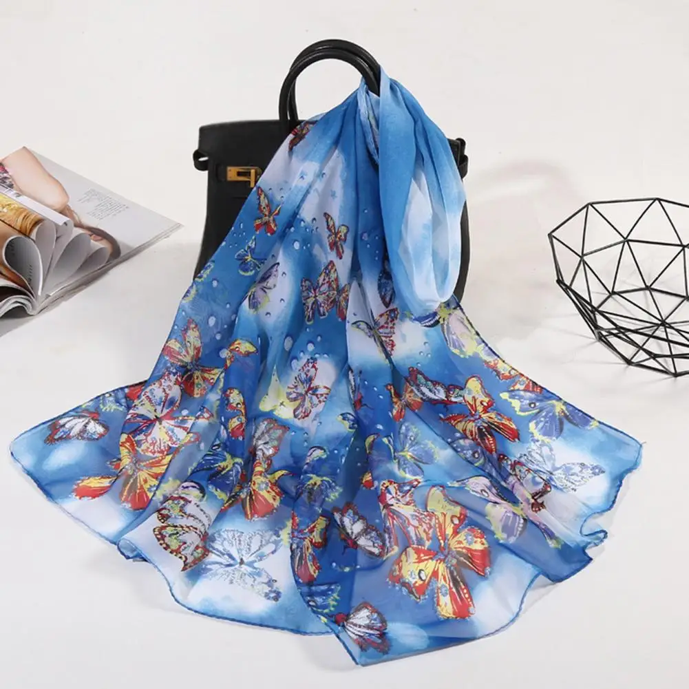 Stylish Faux Silk Scarf Colorful Chiffon Shawl Breathable Summer Butterfly Print Long Shawl Wrap  Dress Up