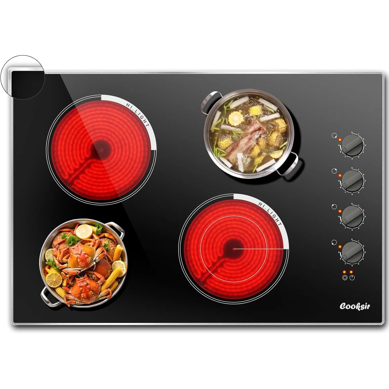 

7400W Built-in Electric Stove Top 4 Burner, 220-240V Ceramic Hob with Glass Protection Metal Frame, Knob Control, No Plug