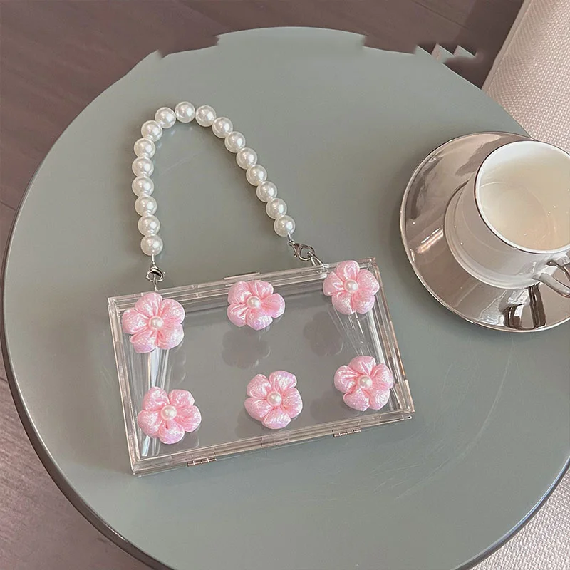 TOBO Summer Vintage Transparent Acrylic Flower Box Designer Handbags Small Square Banquet Handmade Pearl Handheld Crossbody Bag