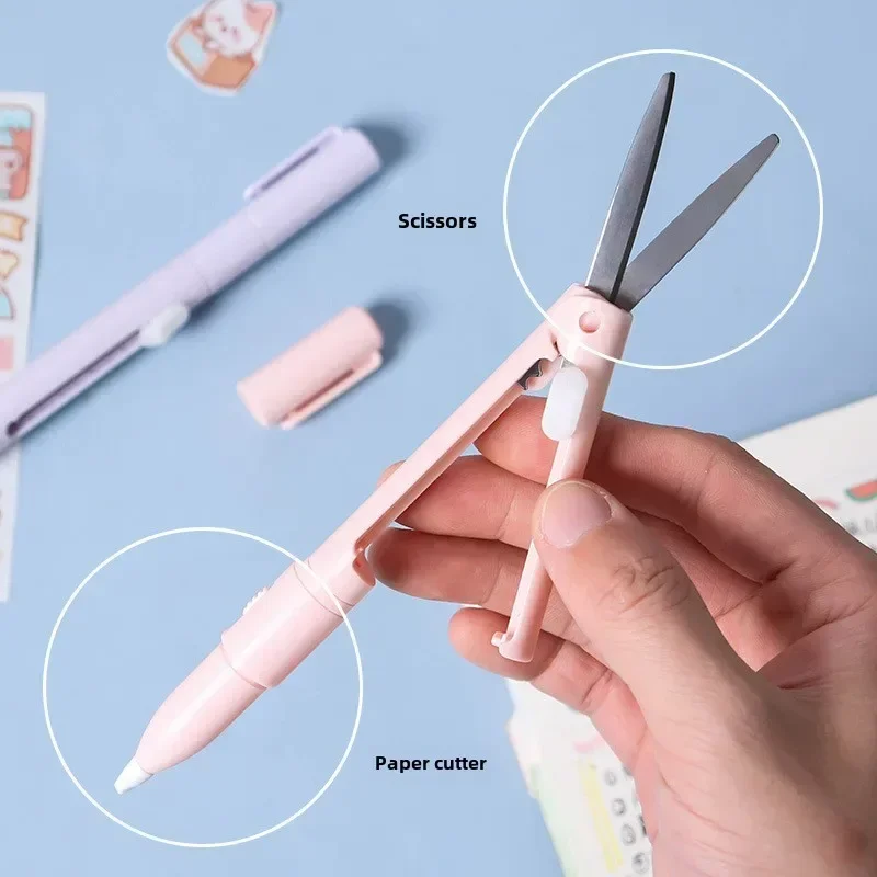 2 in 1 Foldable Scissors with Pen Knife Mocaron Color Portable DIY Cutting Tool Scissor Utility Knife for Paper Work Kawaii Stat