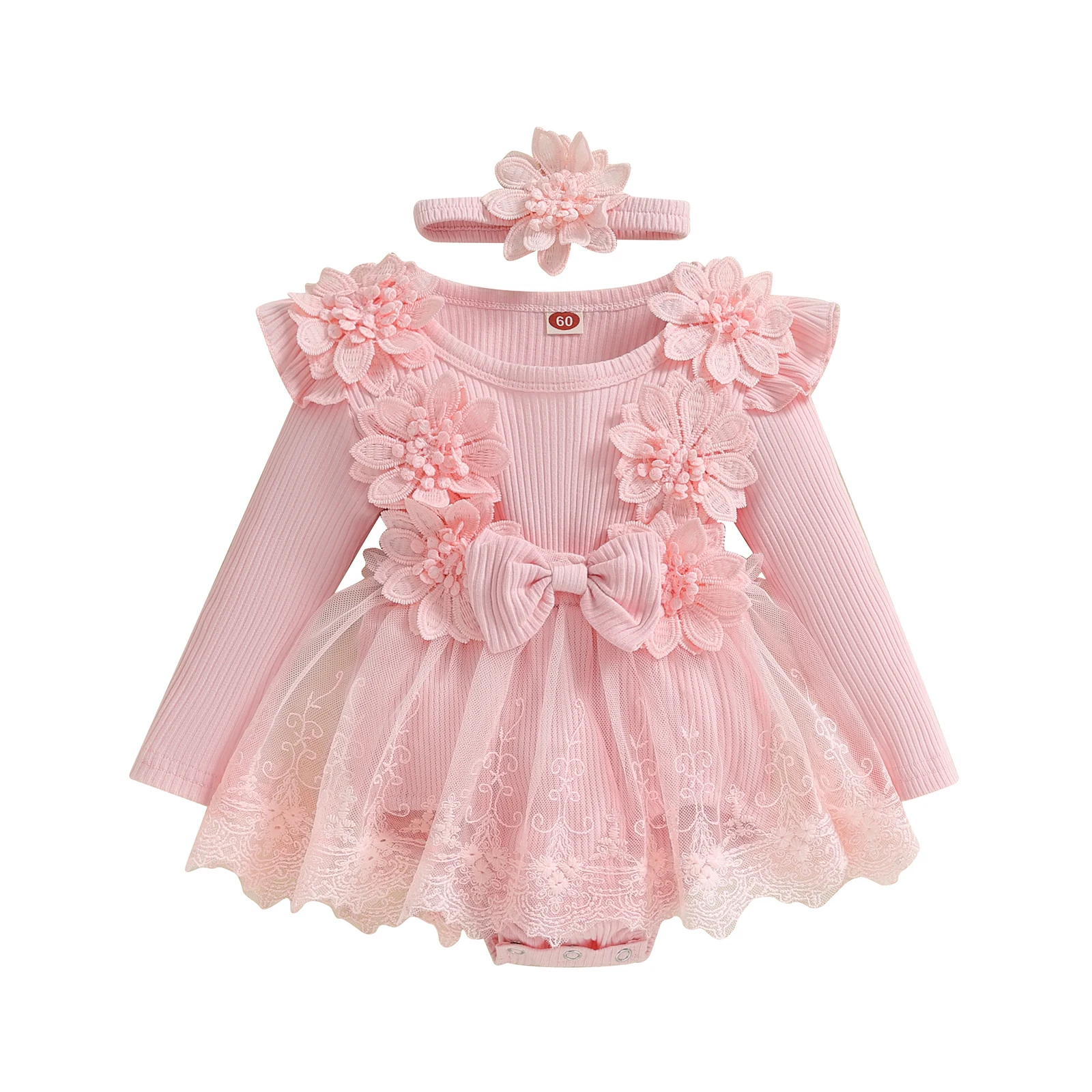 Sweety Baby Girls Set 3D Flower Bow Long Sleeve Mesh Dress Romper Headband Adorable Ribbed Girls Bodysuits Playsuits Outfits