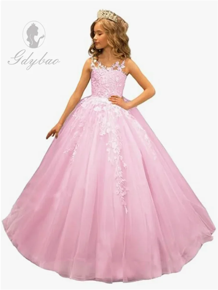 A + vestito da spettacolo da ragazza lungo Tulle Flower Girl abiti senza maniche Appliques abito da ballo per abiti da festa di nozze