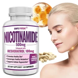 Vitamin B3 Niacinamide Resveratrol Supplement Capsules, Benefits Skin Health, NAD, Energy, Metabolism