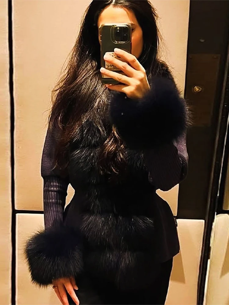 

Женский вязаный кардиган из меха в стиле пэчворк с поясом, V-образным вырезом, мягкий, модный, весна-осень 2025, женская одежда