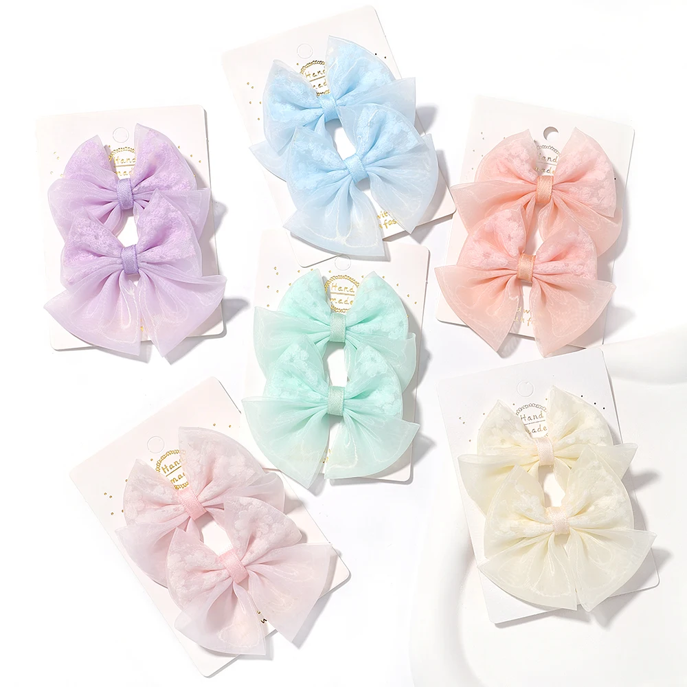 2Pcs/Set Solid Safe Hair Clips Summer New Girls Elegant Organza Bow Hairpins Sweet Kids  Fashion Princess Baby Hair Accessories