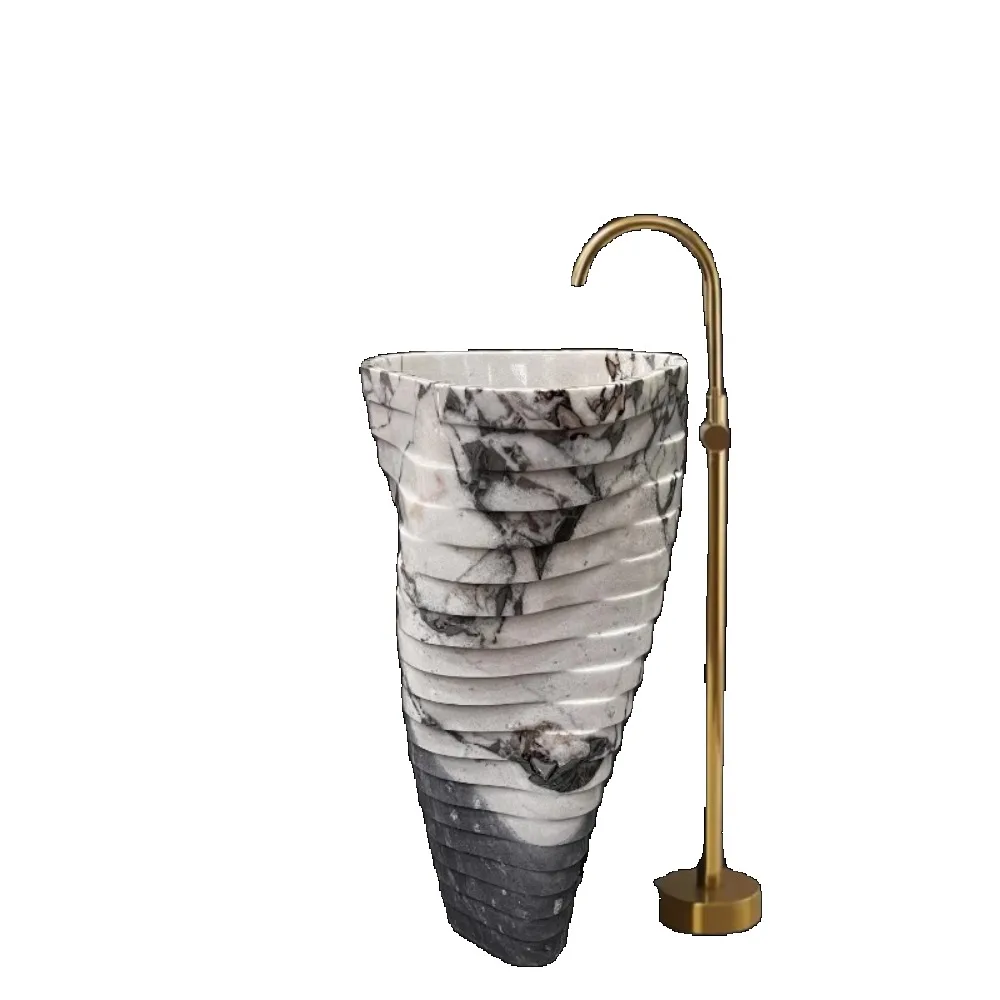

Column basin floor-to-ceiling marble, bathroom white spiral integrated art rough stone basin