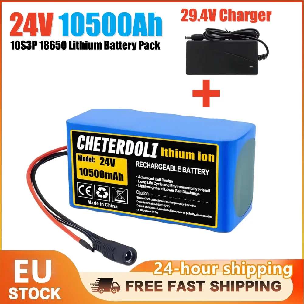 24V 10,5Ah 7S3P 18650 Lithium-Ionen-Akkupack mit integriertem BMS und 2A 29,4V Ladegerät für Elektrorollstühle, E-Bikes, Scooter, Bohrmaschinen, Spielzeug und Elektromotoren