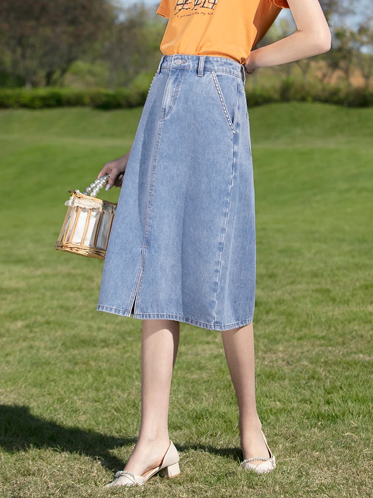 I BELIEVE YOU Skirts For Woman Fashion Spring 2023 CalfLength Denim Blue Split Slim Pearl A-line Jean Female Skirt 2231024936