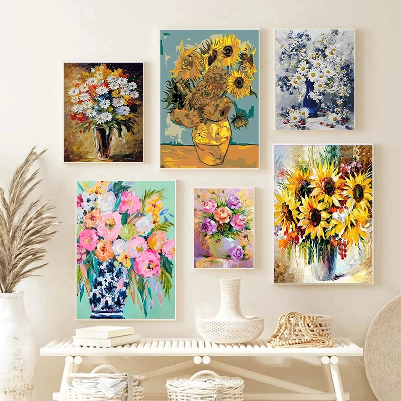 Vintage aquarel blauw oranje bloem olieverfschilderij poster en print foto muur kunst Cuadros thuis kamer decoratie