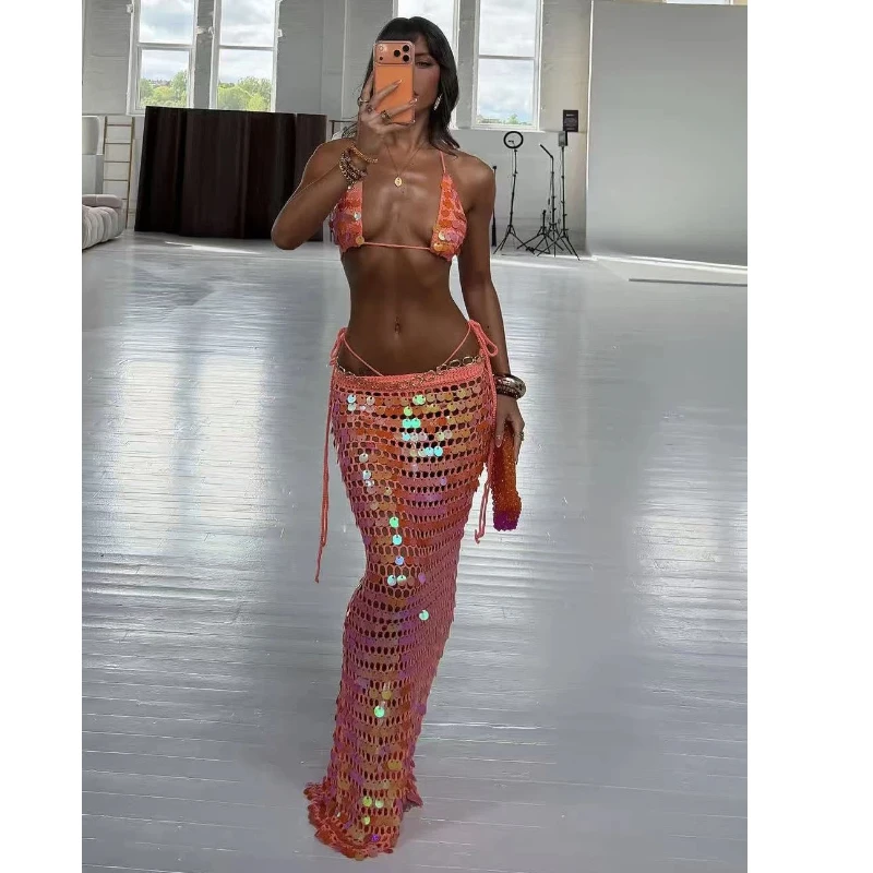 2026 Popular Sequin Crochet Bikini Set with Hollowed Out Hanging Neck and Lace Up Beach Resort Hot Girl Three Piece Set