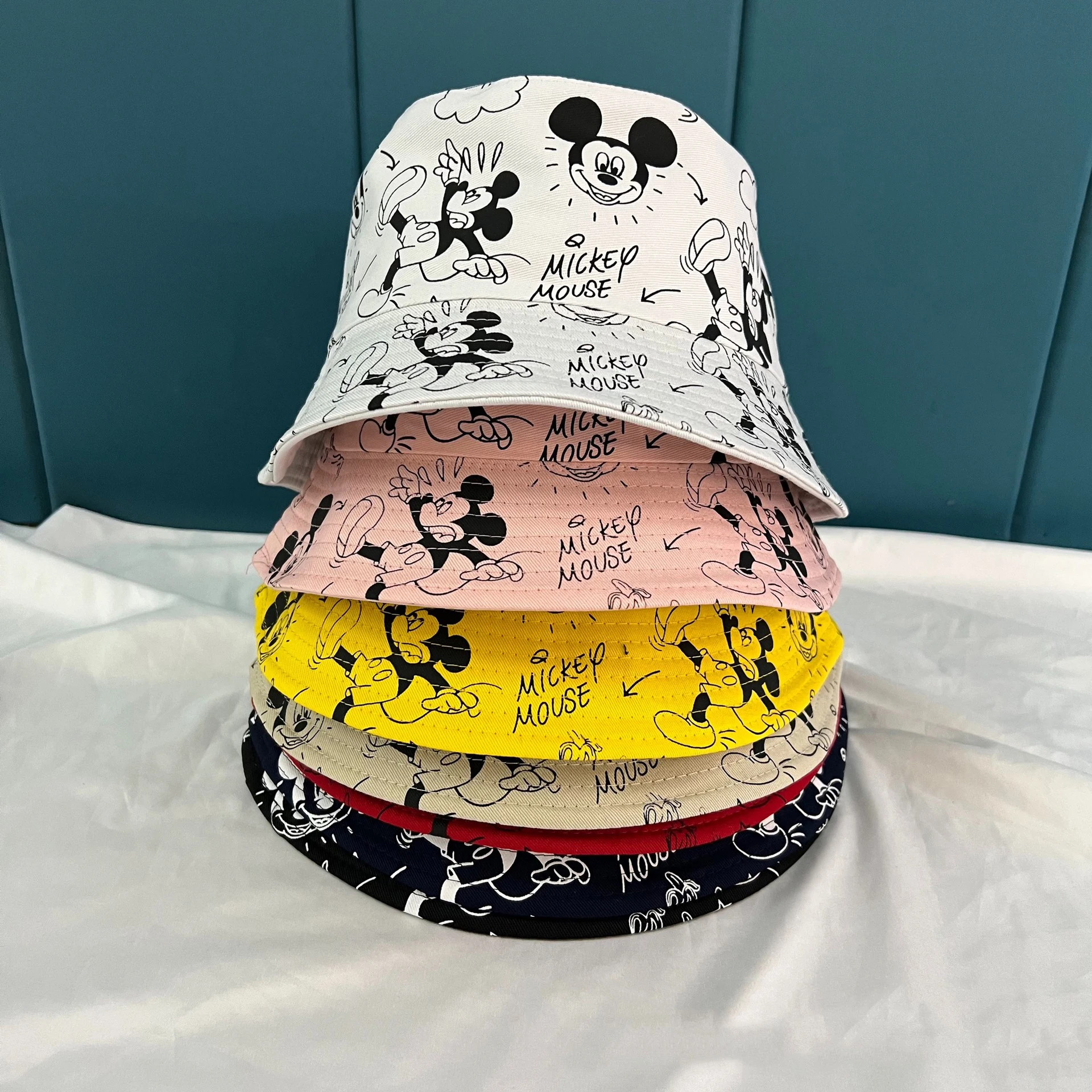 Gorra de pescador con estampado de dibujos animados, gorro de pescador con letras de Mickey Mouse, de algodón, de doble cara, regalos de cumpleaños