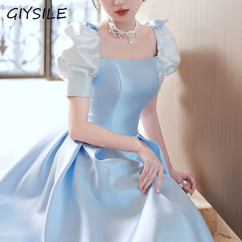 GIYSILE Blue Luxury Evening Dress with Bow Decoration on The Back, Coming-of-age Ceremony Banquet Birthday Party Formal Dress