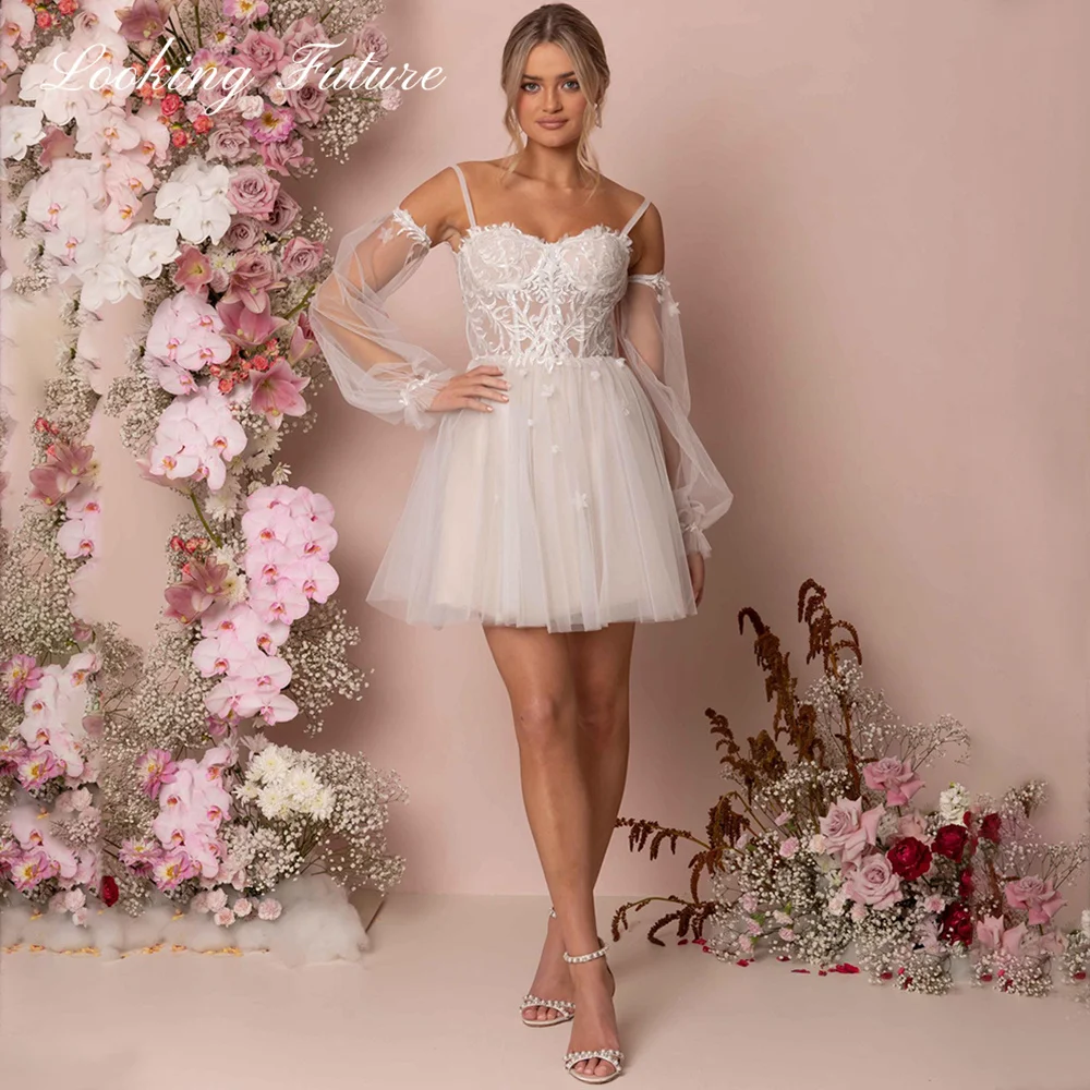 Fata Mini abito da sposa corto a-line Tulle sposa maniche a sbuffo staccabili Robe De Mariee Garden Backless Lace Reception abiti