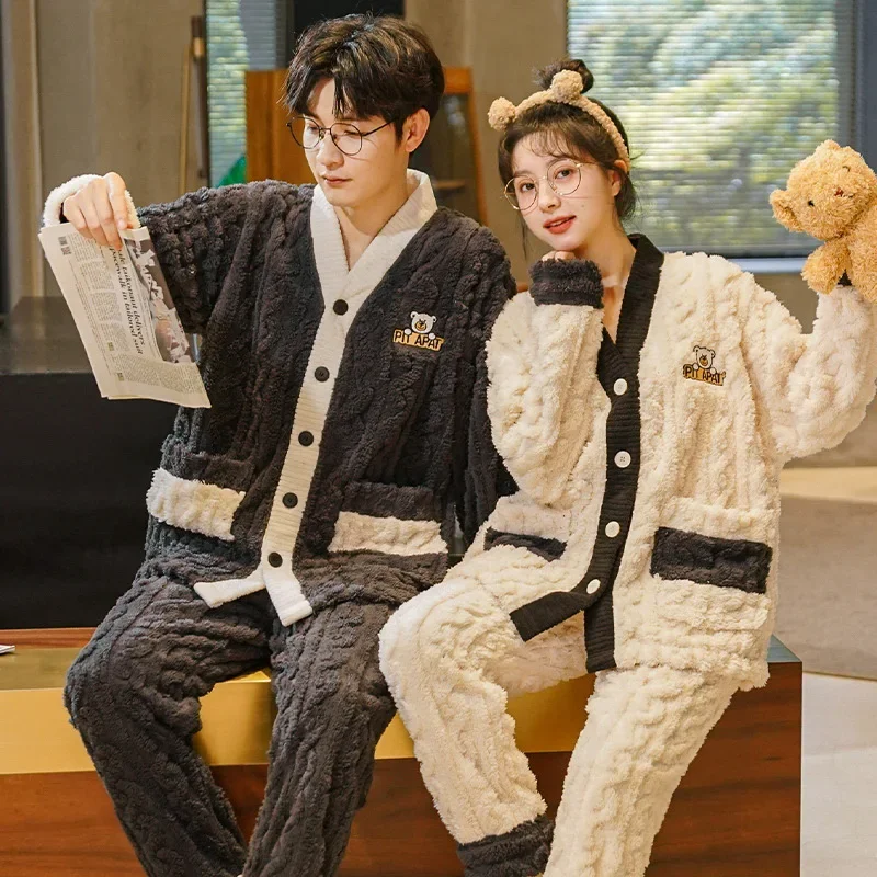 Couple Pajamas Suit Flannel Long Sleeved Pants V-neck Soft Coral Velvet Warm Sleepwear Set Men Plush Thick Nightcloth Women