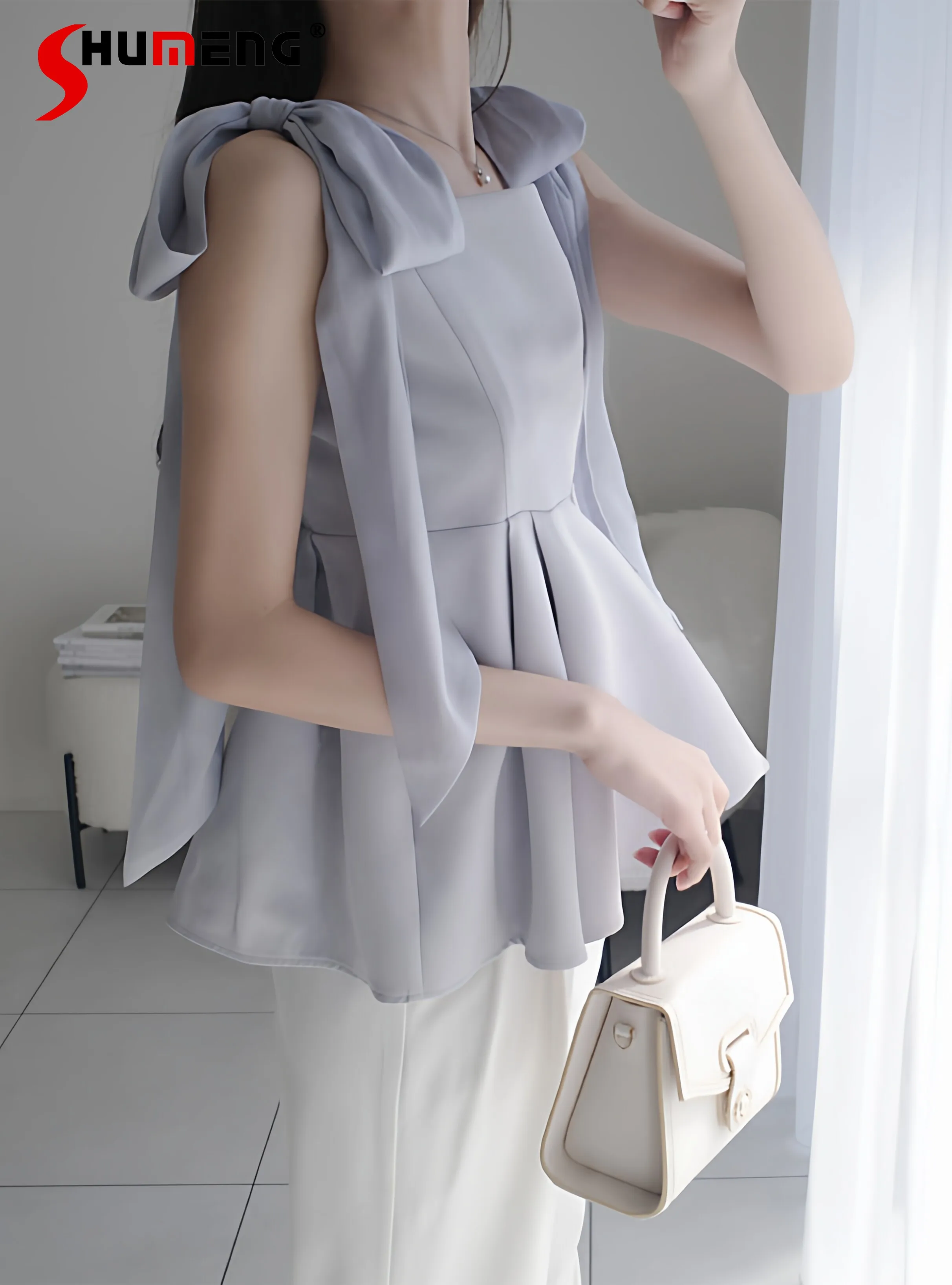 

Japanese Style Elegant Sweet Sleeveless Lace-up Bow Ruffled Simple Loose Versatile Casual Shirt Tops Women's Blouses Summer 2026