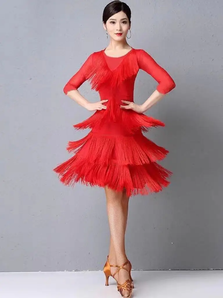 Latin Dance Rok Dames Volwassen Lange Kwast Jurk Danskleding Grote Swing Rok Fishtail Rok Bottoms Performance Wear