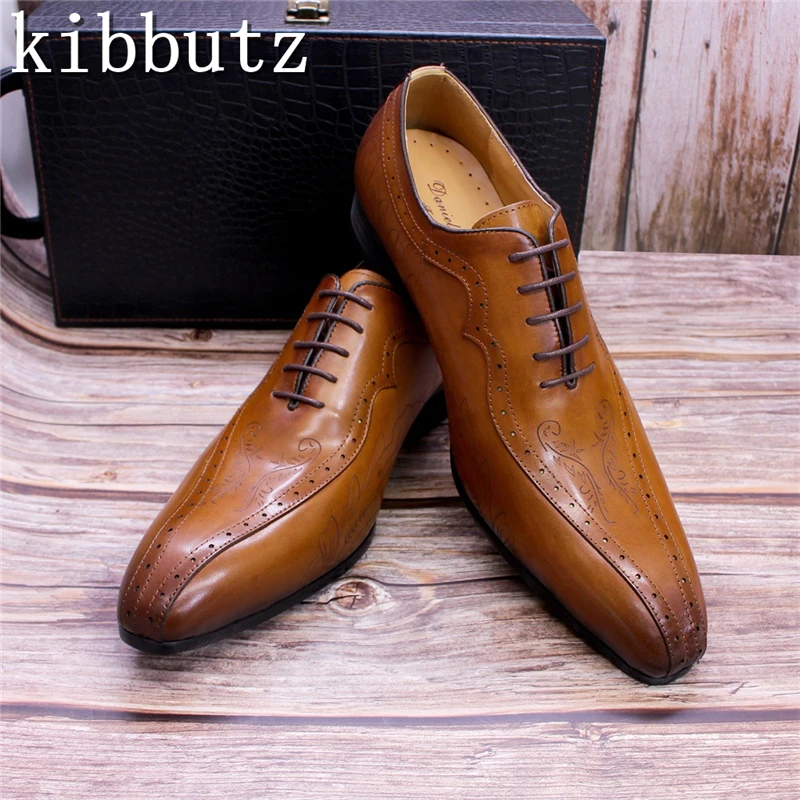 Classic Genuine Leather Shoes Men's Brogue Carved Handmade Oxford Shoes Luxury Brand Mans Formal Dress Leather Shoes