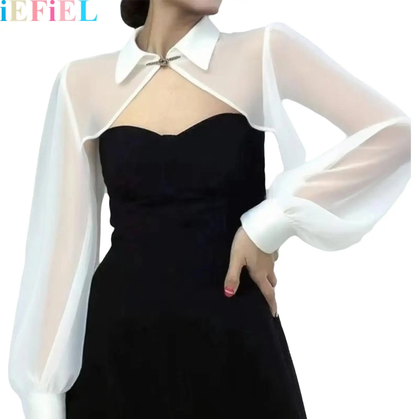 

Womens Fashionable See-through Shrug Top Turn-down Collar Long Sleeves Bolero for Wedding Party Birthday Photography