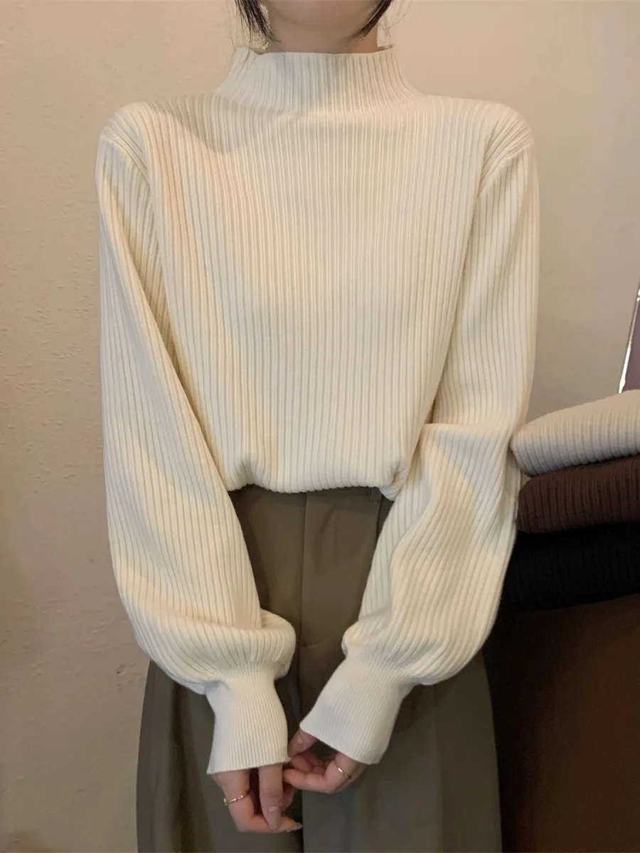 

Soft Cozy Women's Knitted Sweater Autumn Winter f High Collar Lantern Sve Base Layer Inner Wear Korean Sle Loose Fit