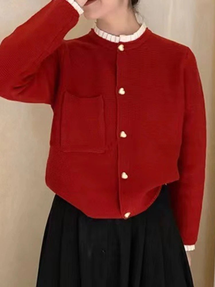 Camisola de renda plissada feminina jaqueta botão para baixo malha senhora coreano outono primavera malha único breasted cardigan suéteres