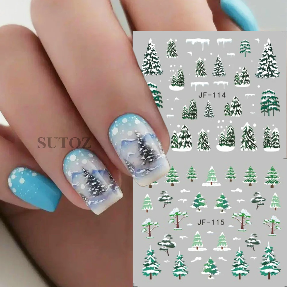 Christmas Water Nail Decals Winter Forest Nail Stickers Snowy Tree New Year Decoration Transfer Sliders for Manicure NTJF109-120