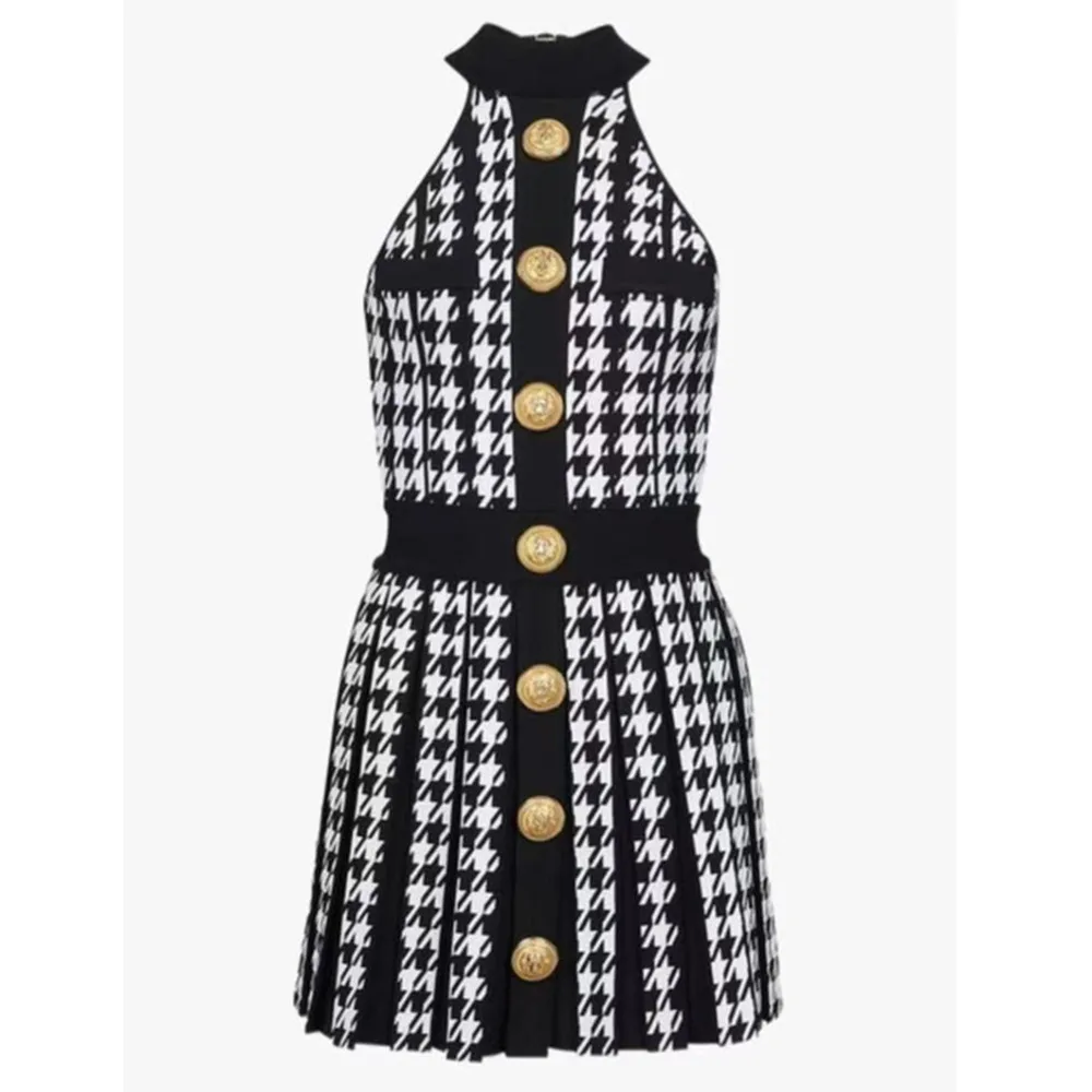 Newest 2023 Designer Women's Sleeveless Dress Fashion Halter Neck Houndstooth Knit Female Single-breasted Dress