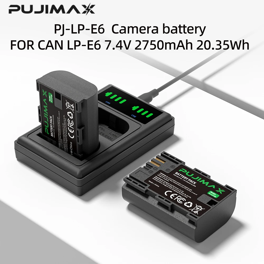 PUJIMAX 2750mAh LP E6 LPE6 LP-E6 E6N Battery + LED Dual Charger For Canon EOS 5DS R 5D Mark II 5D Mark III 6D 7D 70D 80D Camera
