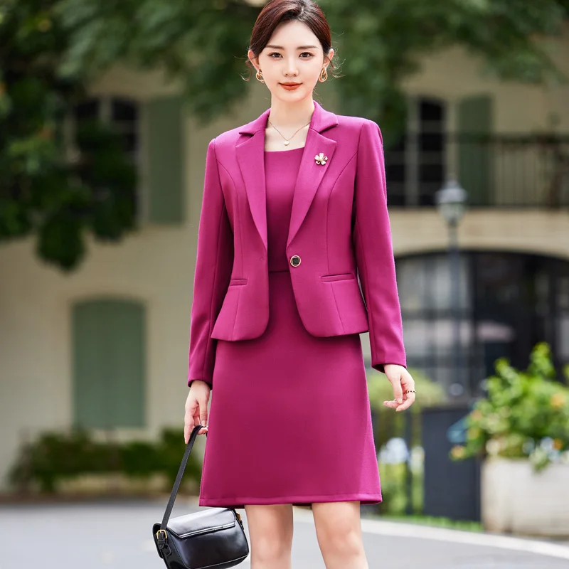 Formal Workwear Office Suit Women Long Sleeve Blazer + Slim Sleeveless Dress Set Elegant 2 Piece Set High Quality Solid Jacket