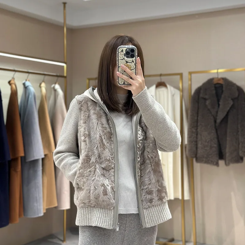 Fetal Wool Splicing Cashmere Wool Knitted Down Inner Lining Fur Integrated Hooded Fur Coat