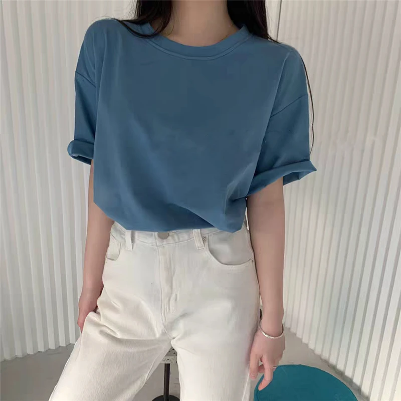 Hirsionsan 100% Cotton T Shirt Women Summer New Oversized Solid Basic Tees 9 Color Casual Loose Tshirt Korean O Neck Khaki Tops - Image 4