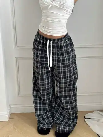 Unisex Black White Checkered Quick Dry Long Pants Summer Loose Straight Trousers Men Women Casual Daily Sports Lounge Sweatpants