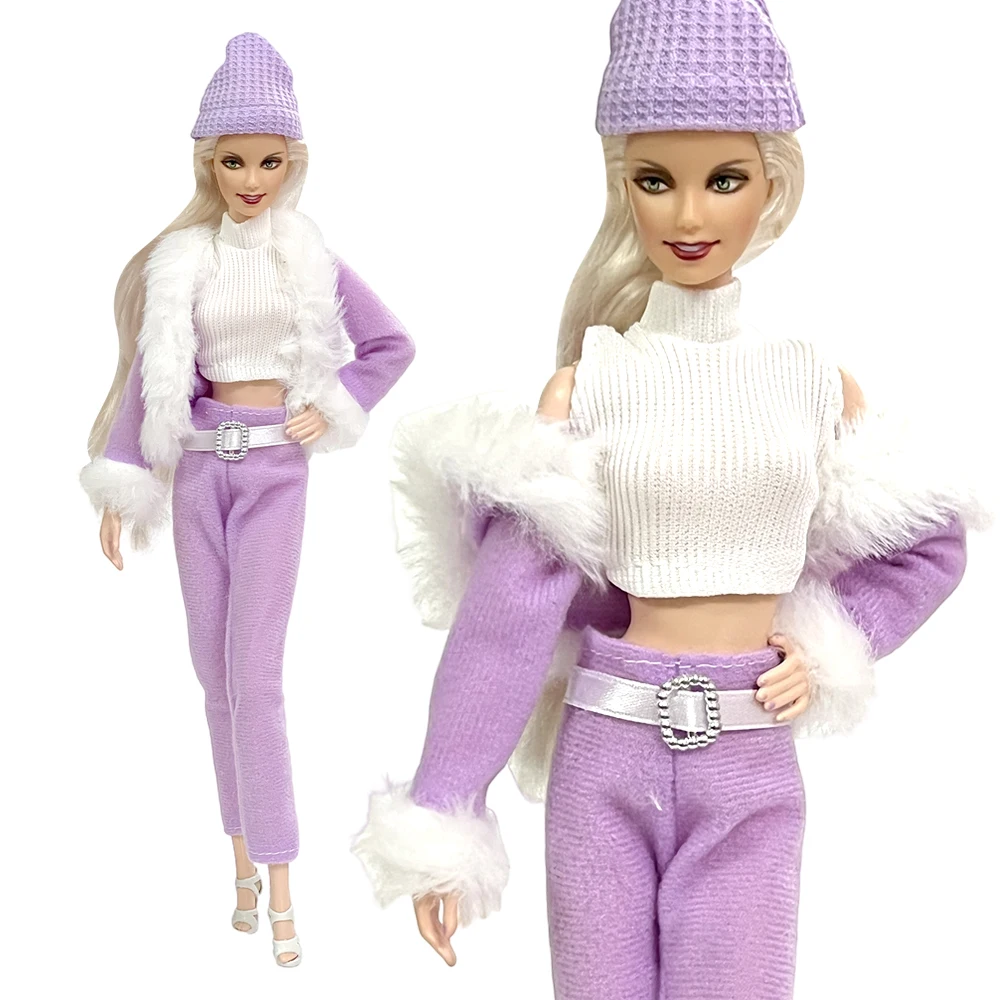 NK Official 1 Set Fashion Purple Dress Suit Long Sleeve Jacket + Cute Hat + Sleeveless Vest + Long Pants For Barbie Doll 1/6 Toy