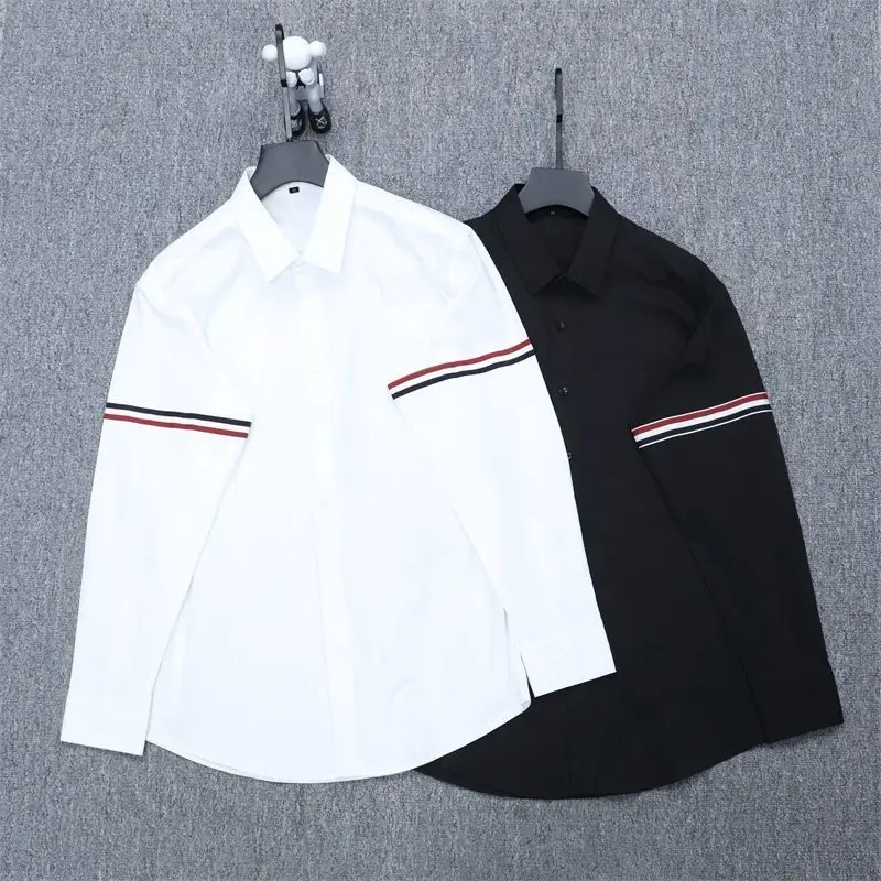 

Spring Autumn Men's Busin Casual Slim Fit Long Sve irt Polyester Fiber Stand Version Anti Static Woven Belt Workwear