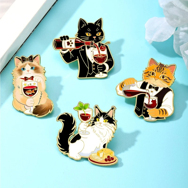 Funny Cartoon Bartender Cat Brooch Creative Wine Cat Series Metal Pin Badge DIY for Clothes Bags Shoes Hat Scarf T-shirt Jeans