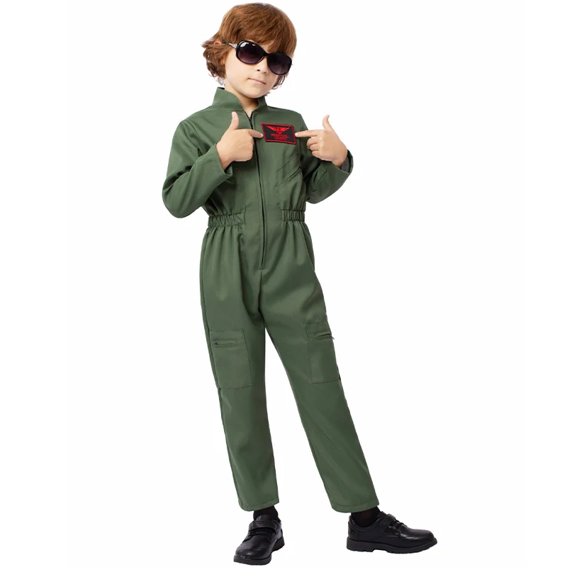 Child Top Gun Jumpsuit Necklace Glasses Book Week Dress Up Flight Suit Boys Aviator Costume For Halloween Carnival