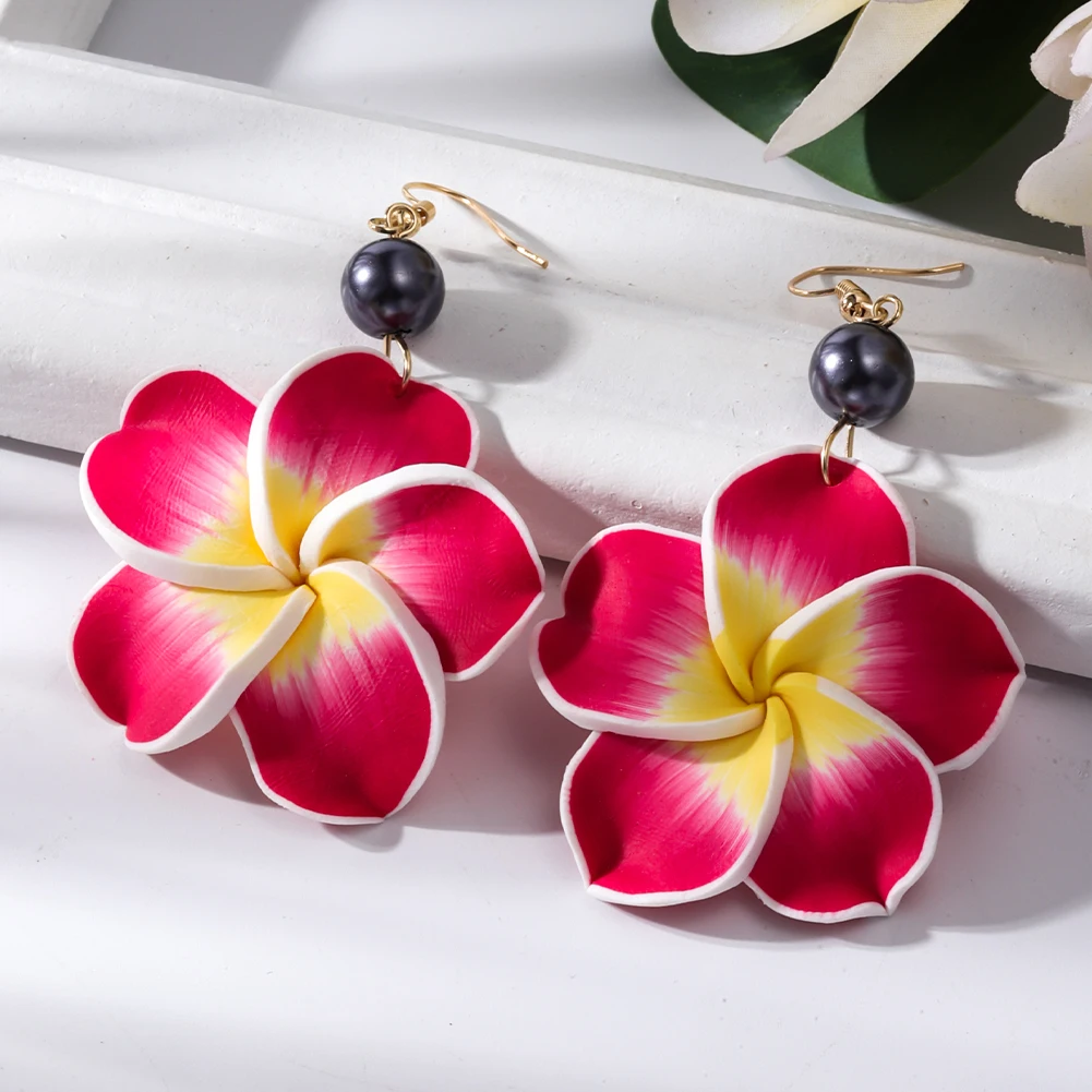 Polynesia Hawaiian Plumeria Dangle Earrings Handmade Soft Polymer Statement Drop Ear Rings Jewelry 2022 Flower Earring for Women