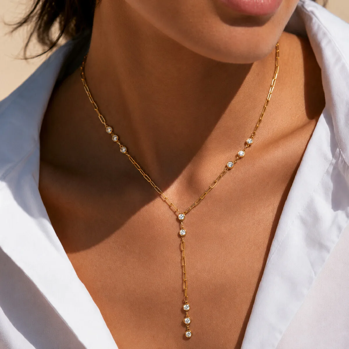 SHIXIN Delicate Zircon Y Shape Pendant Necklace Women Fashion 18K Gold Plated Stainless Steel Clavicle Chain Waterproof Jewelry